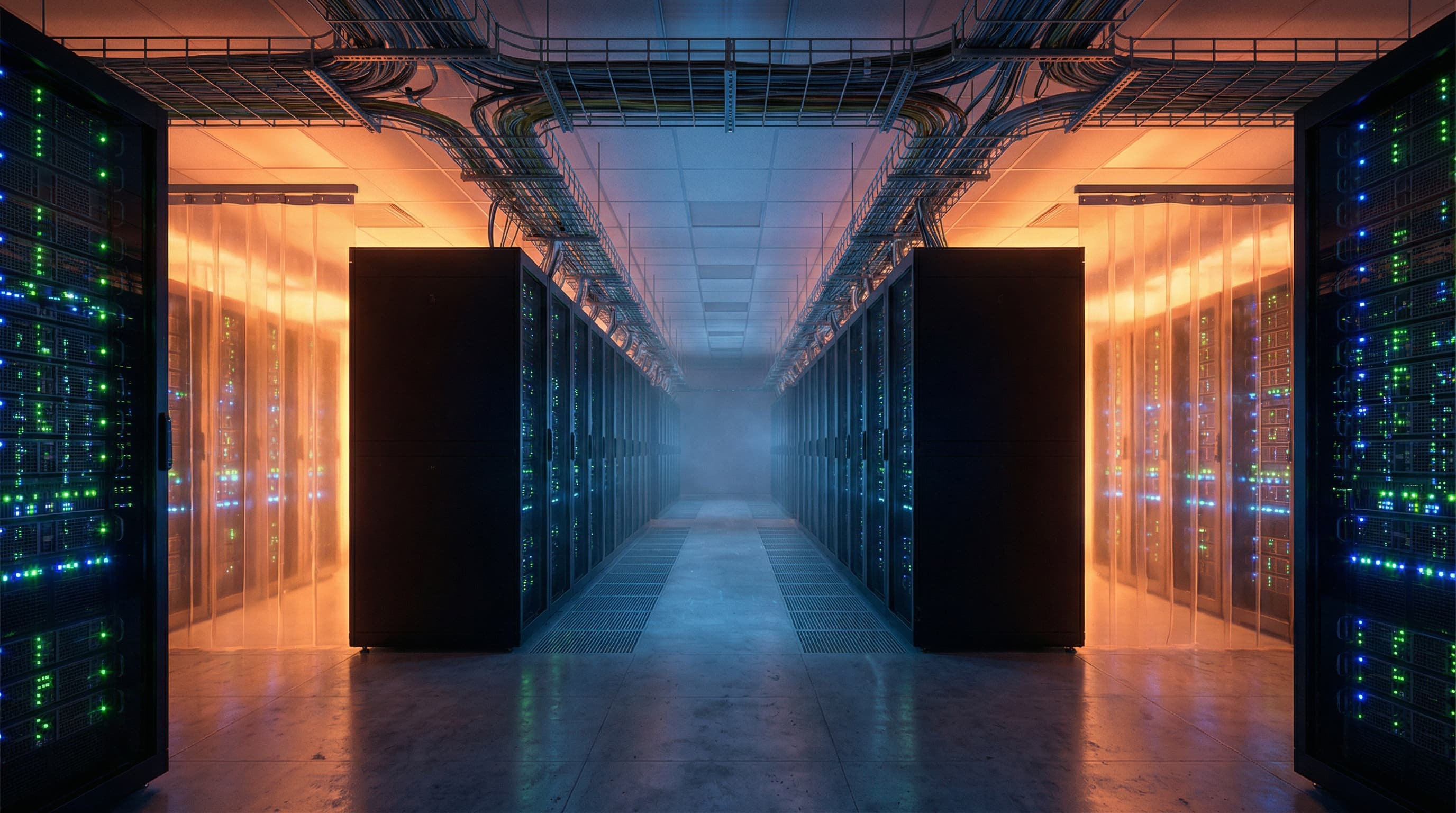 Rows of server racks in a data center
