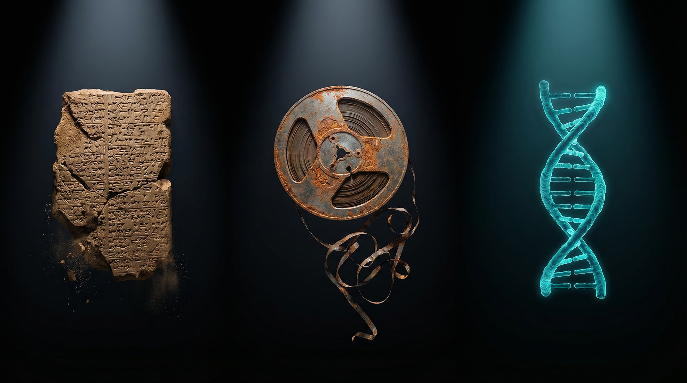 Cuneiform tablet, film reel, and DNA helix — the evolution of data storage