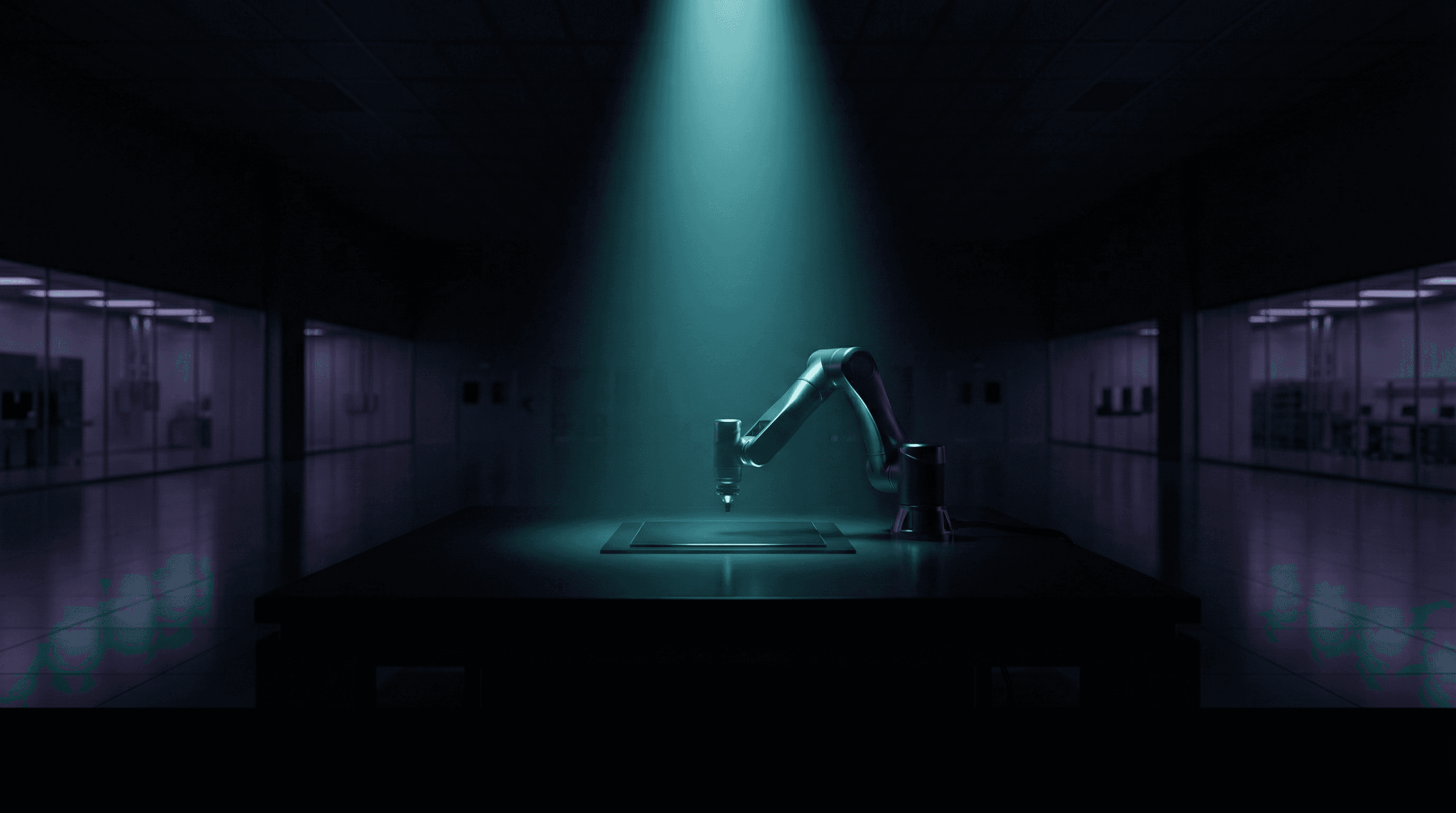 Precision robotic synthesis arm in dark cleanroom laboratory